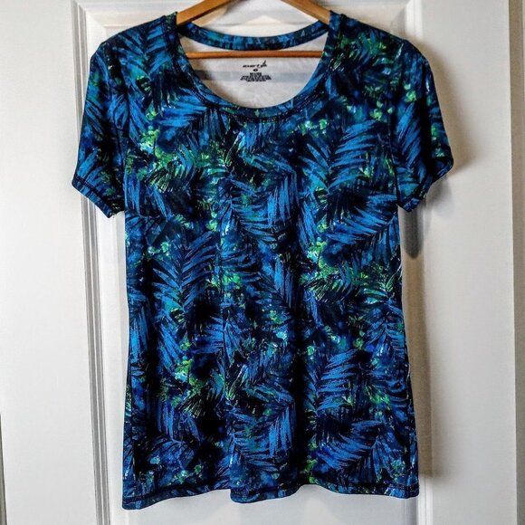 Exertek Blue Green Palm Print SS Activewear Top - Picture 1 of 4